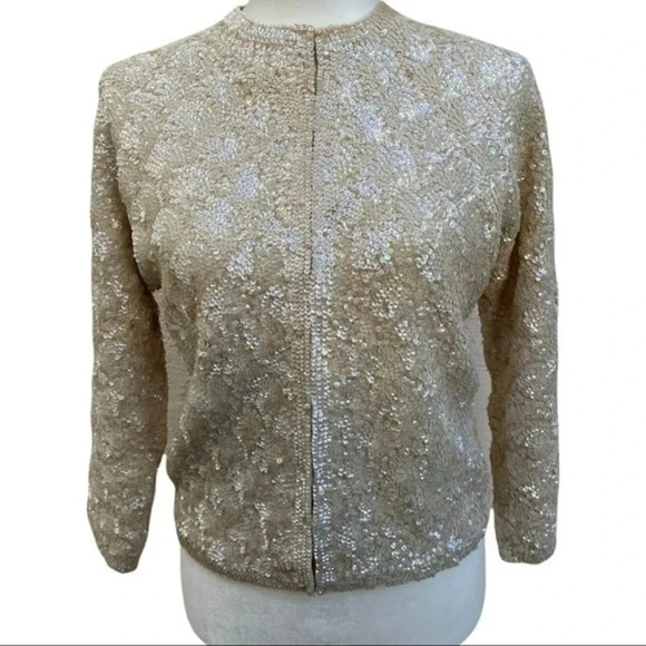 Vintage Sweater Cream Ivory Wool Elegant Cardigan Iridescent Sequins Size 38 - Picture 2 of 10